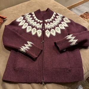 LL Bean 100% Lambs Wool Zip Cardigan Sweater Pockets Men’s Large Burgundy Wine